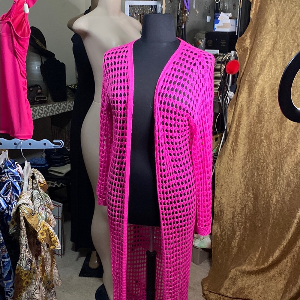 Vibrant Pink Mesh Knit Long cover Up
